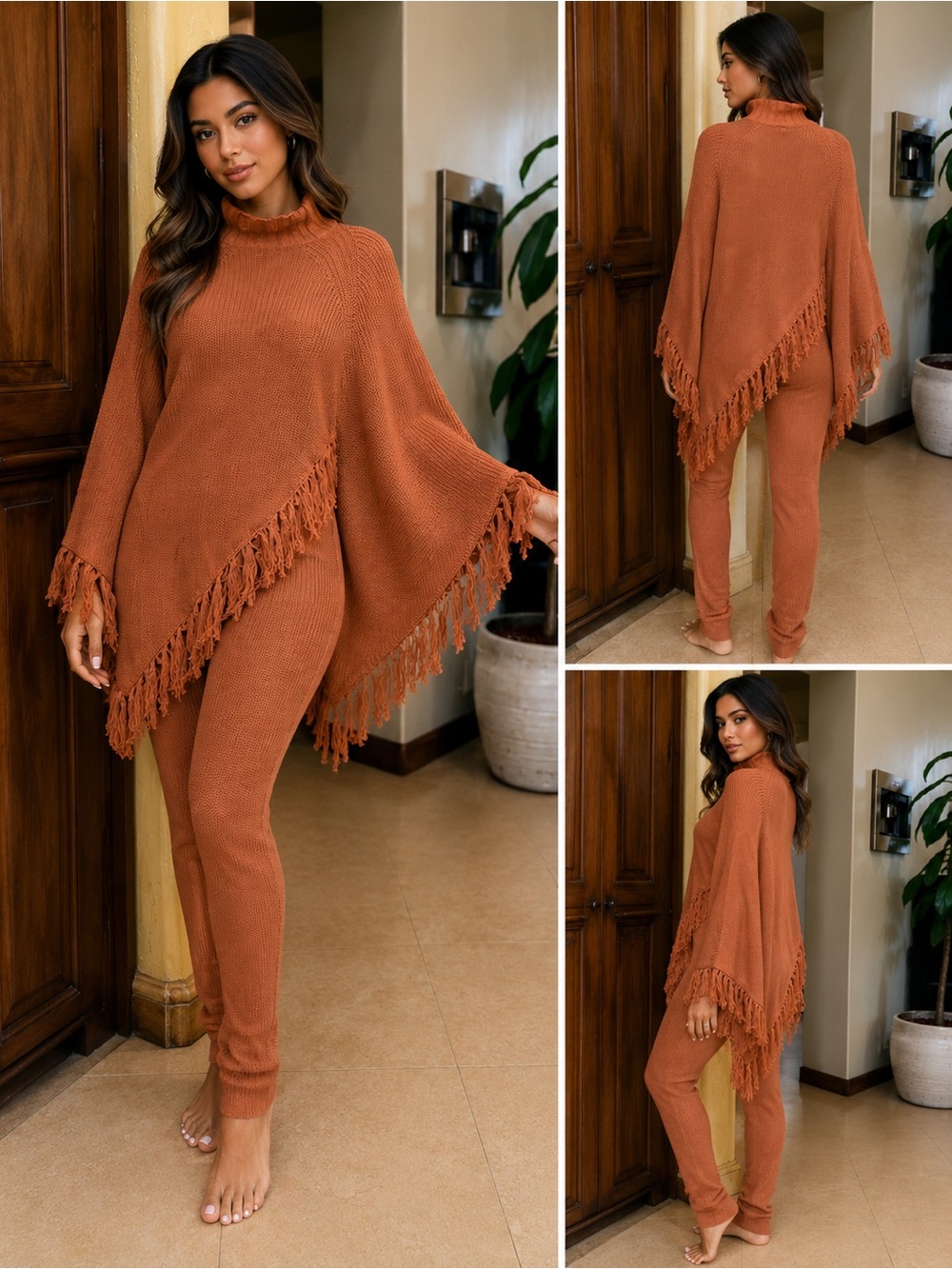 Cozy Fringed Knit Poncho & Legging Set - Rust Medium
